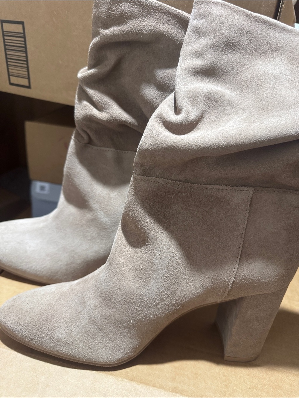 Chinese Laundry Taupe Slouchy Suede Block Heel Boots